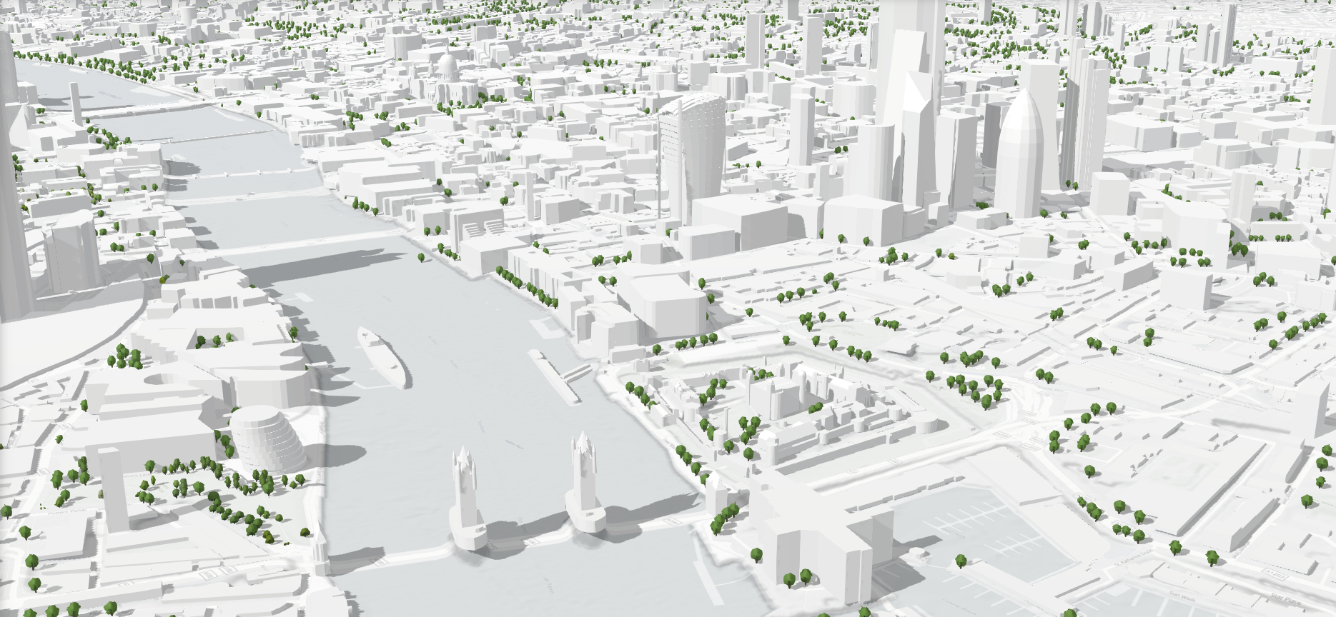 OpenStreetMap 3D Buildings and Trees of central London.