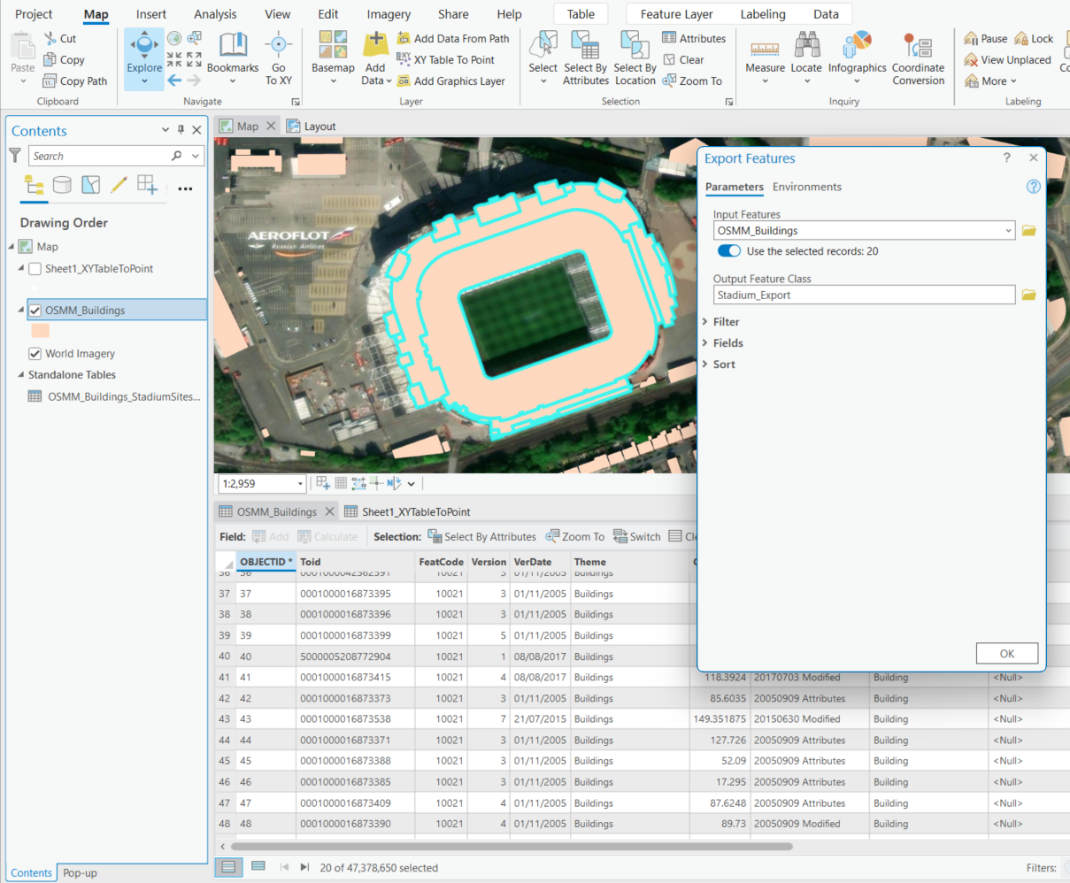 Using Append tool to create new layer with same schema as Buildings selected 