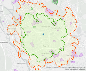 Access to Medical Centres within a 20-minute (green) and 30-minute (orange) walk of a residential property in Oxford.