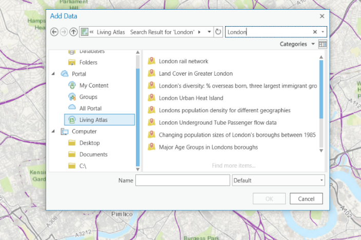    Browsing data in the  Living Atlas  via Add Data 