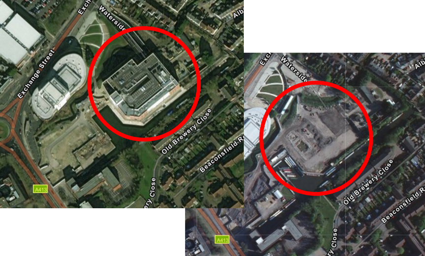  Front image is the new updated imagery showing a supermarket, the image behind is the previous imagery 