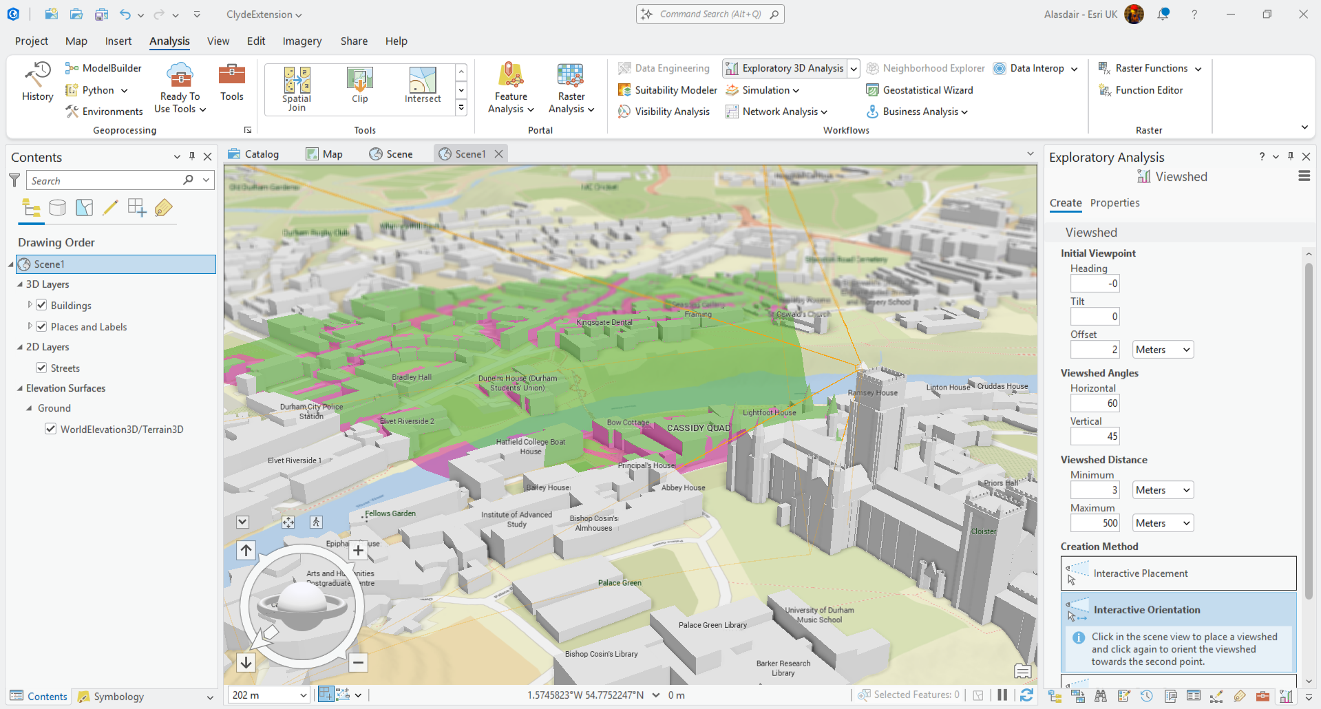 Exploring 3D data using the interactive visibility analysis in ArcGIS Pro.