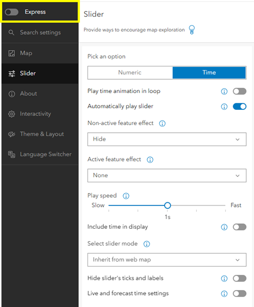 Slider template configuration in ArcGIS Instant Apps.