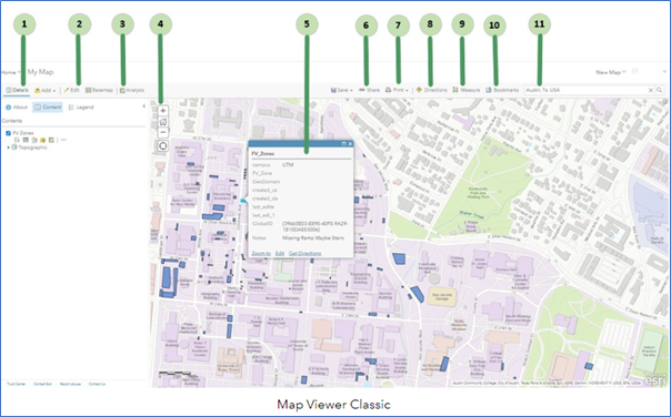 Key elements of the user interface in Map Viewer Classic