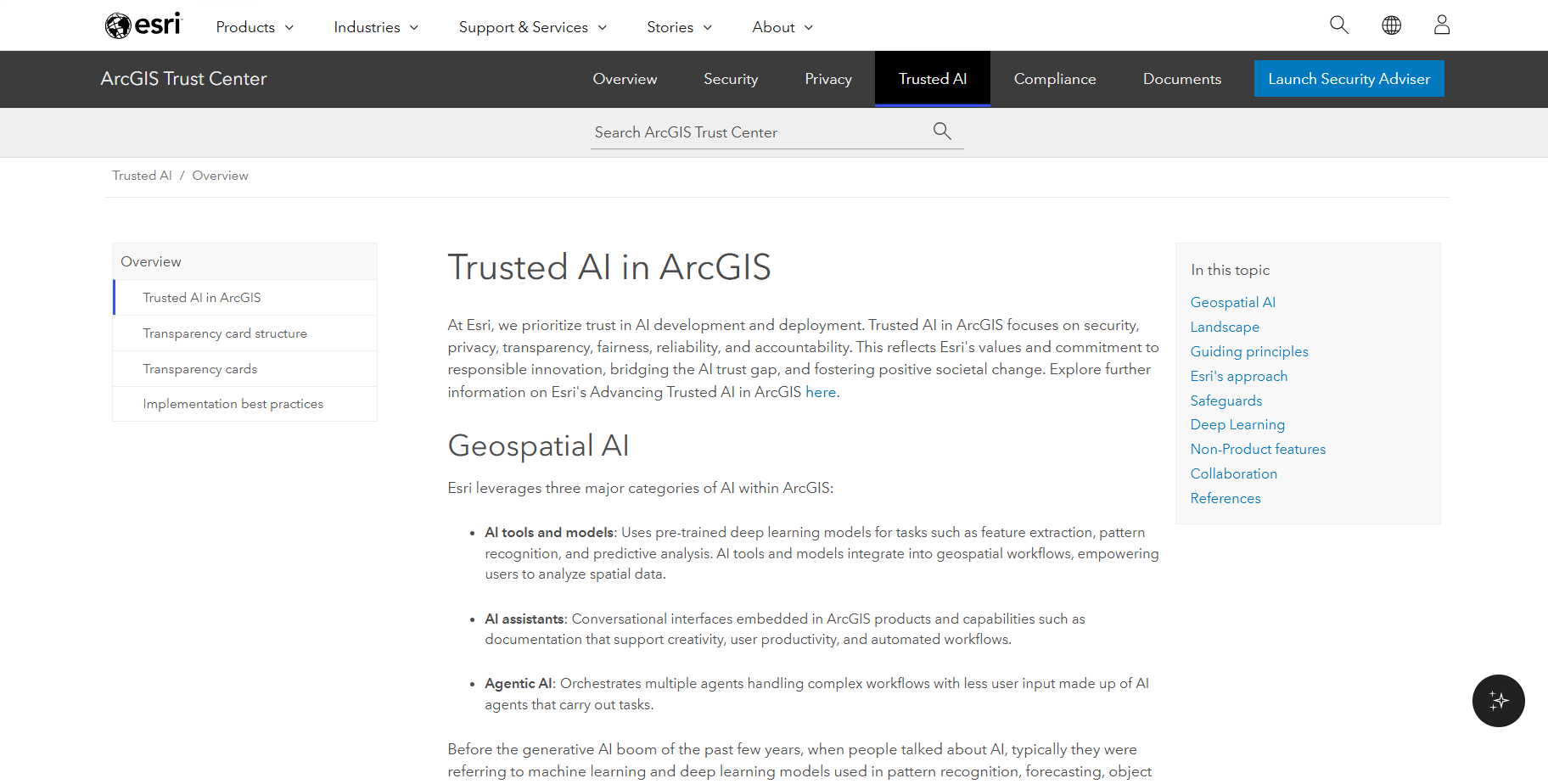 Screen shot of the Trust Center page for Trusted AI in ArcGIS.