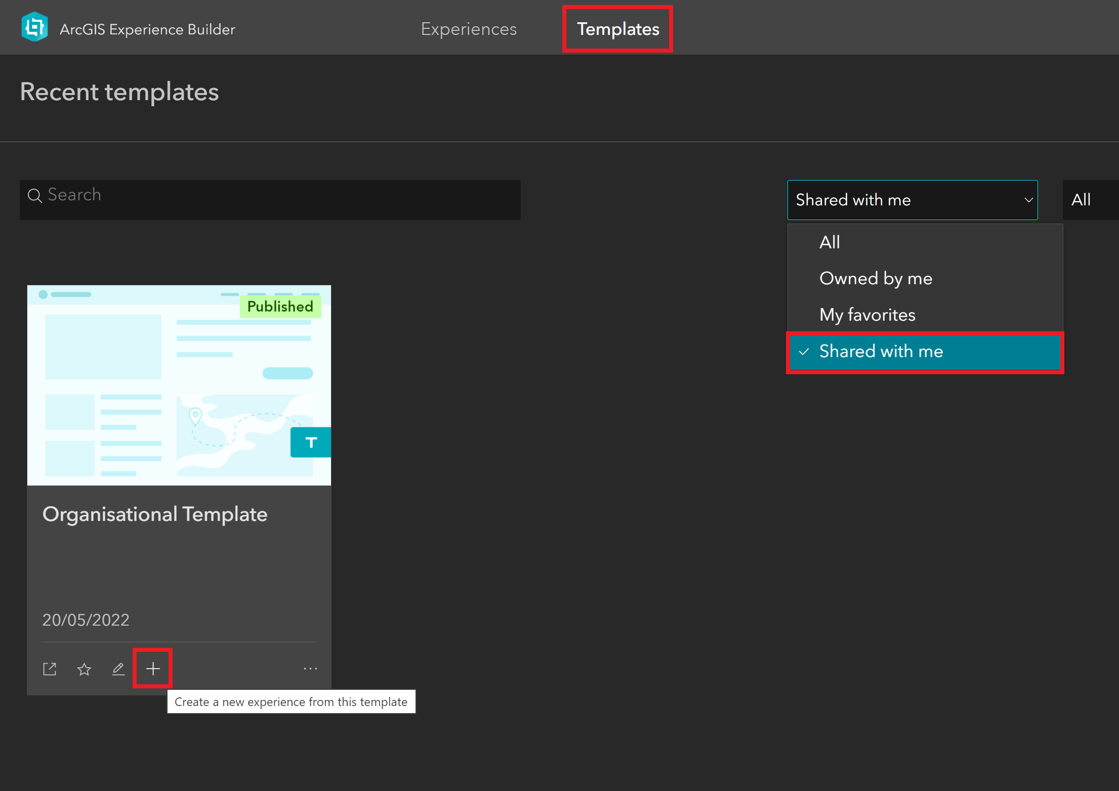 Templates shared with me in ArcGIS Experience Builder