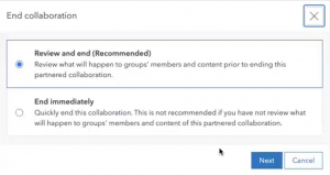 Partnered collaboration dialog for ending collab