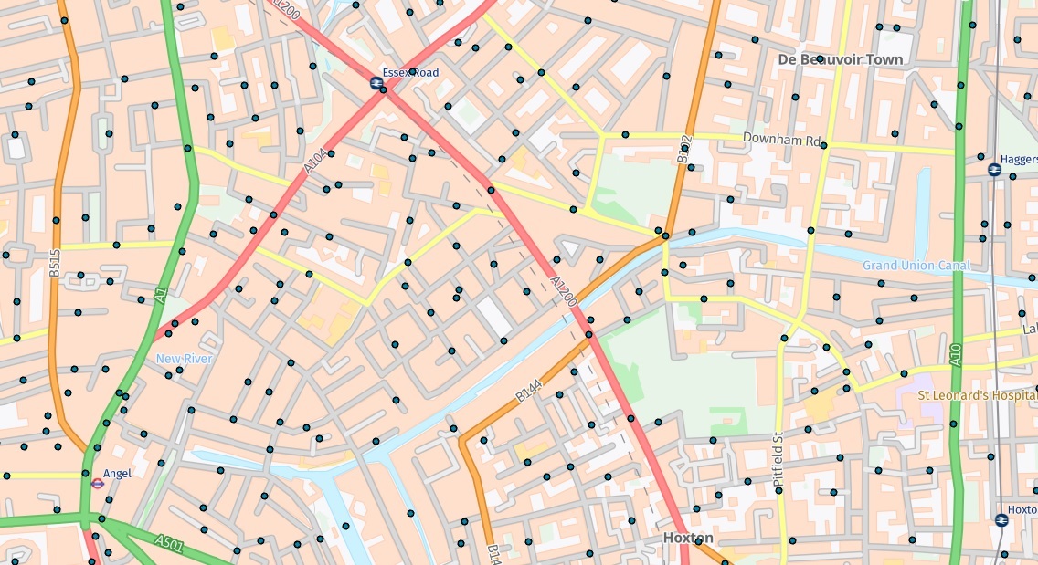 A map showing point data of the location of crimes in an area of London