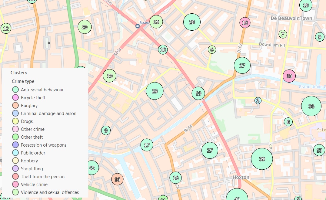 A map showing the clustering of crimes in an area of London, categorised by the type of crime.