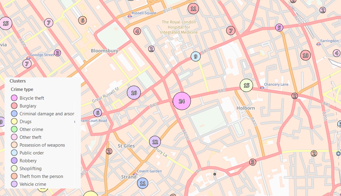 A map showing dynamic point clustering of crime types in an area of London, excluding the two most frequent crime types.