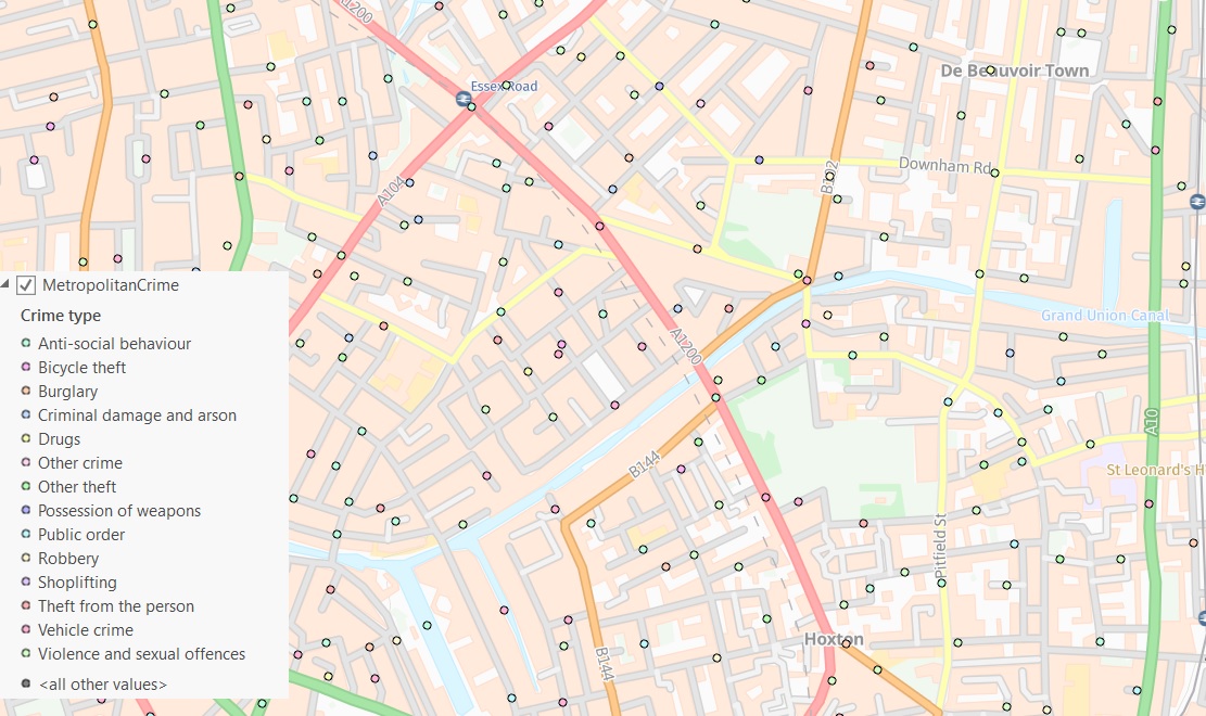 A map showing point data of the locations of crime in an area of London, symbolised using unique values, crime types. 