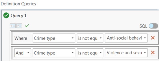 A screenshot of the definition queries used to not include the two most frequent crime types.