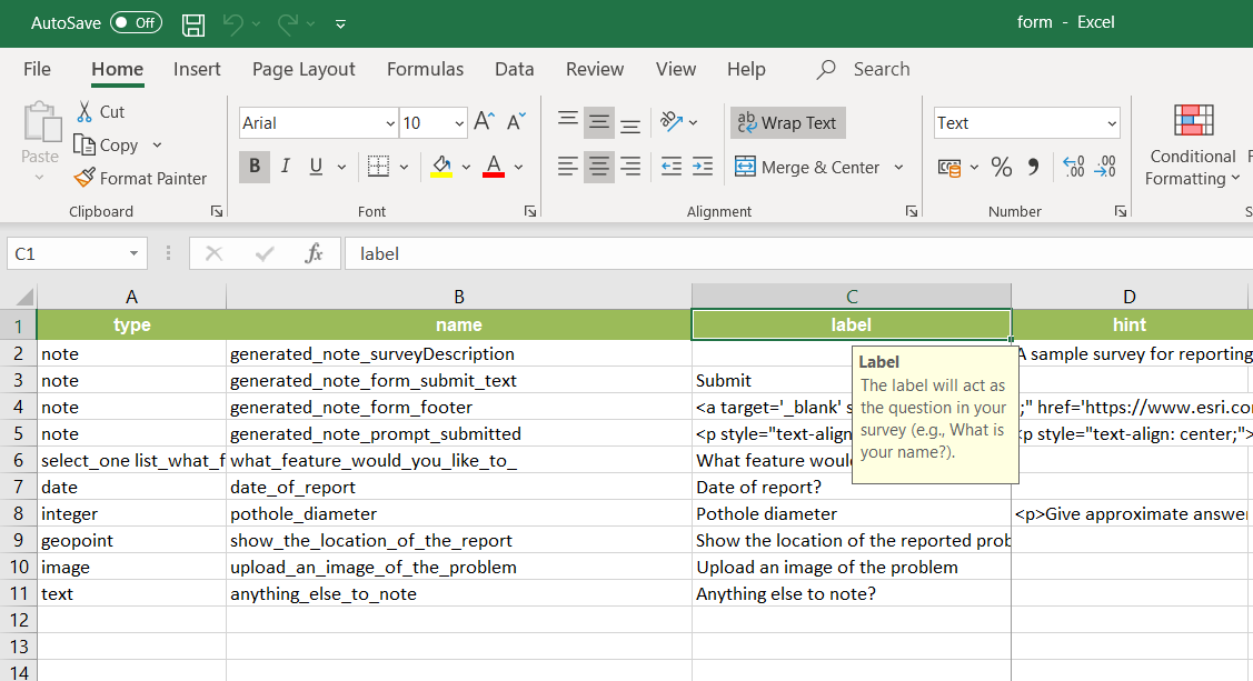 ArcGIS Survey123 Connect XLS form