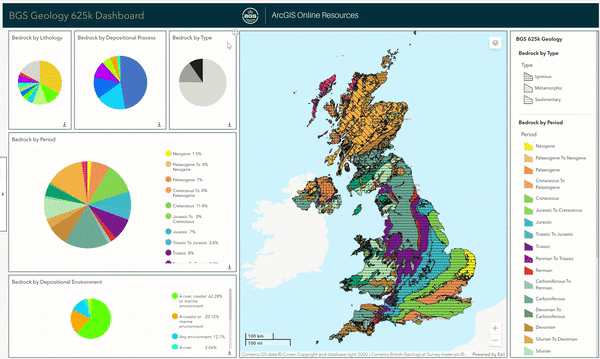 GIF showing a dashboard of the Geology dataset in a map and a number of pie charts. As you select different features of the pie chart, the map filters the data to show that selection. 