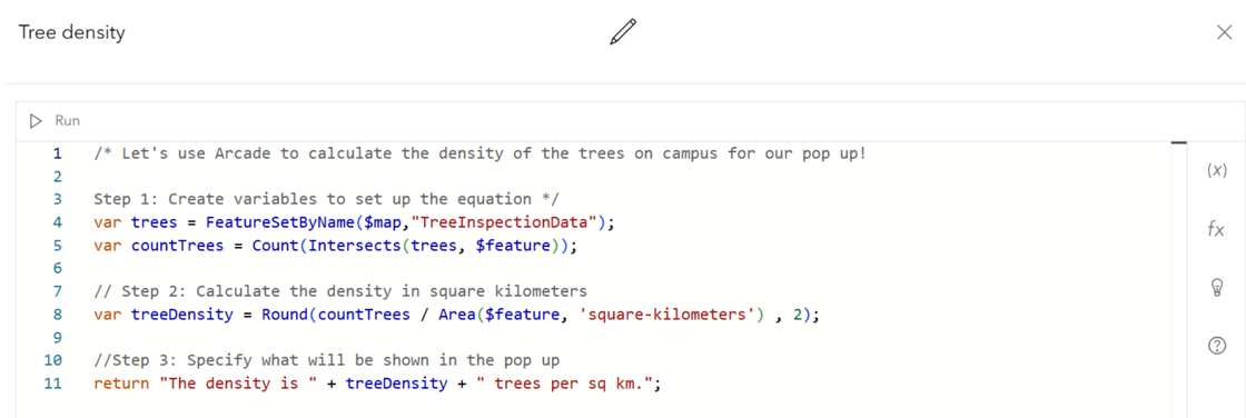 Image of Arcade code within the ArcGIS Online Map Viewer Expression Editor that shows calculating density of tree points within campus area polygons.