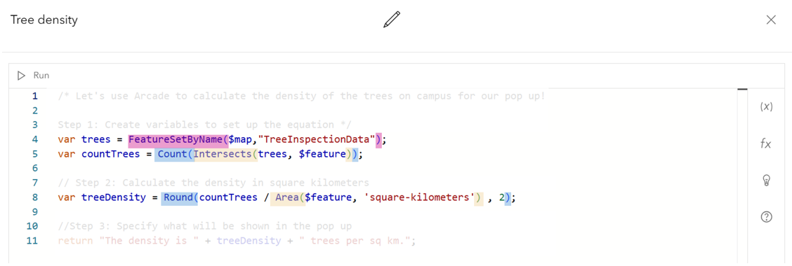 Image of Arcade code within the ArcGIS Online Map Viewer Expression Editor that shows calculating density of tree points within campus area polygons with the functions highlighted.