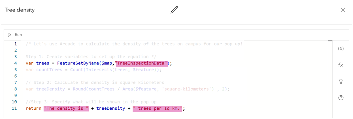 Image of Arcade code within the ArcGIS Online Map Viewer Expression Editor that shows calculating density of tree points within campus area polygons with the text marker with double quotation marks highlighted.