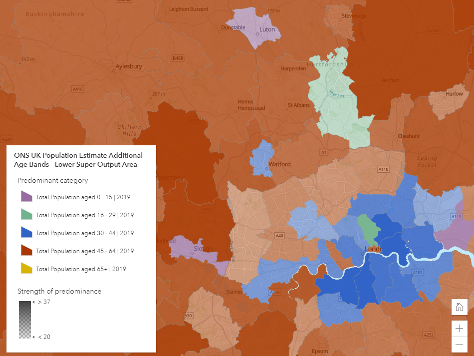 Office for National Statistics Mid-Year Population Estimates showing predominant age categories around South East England.