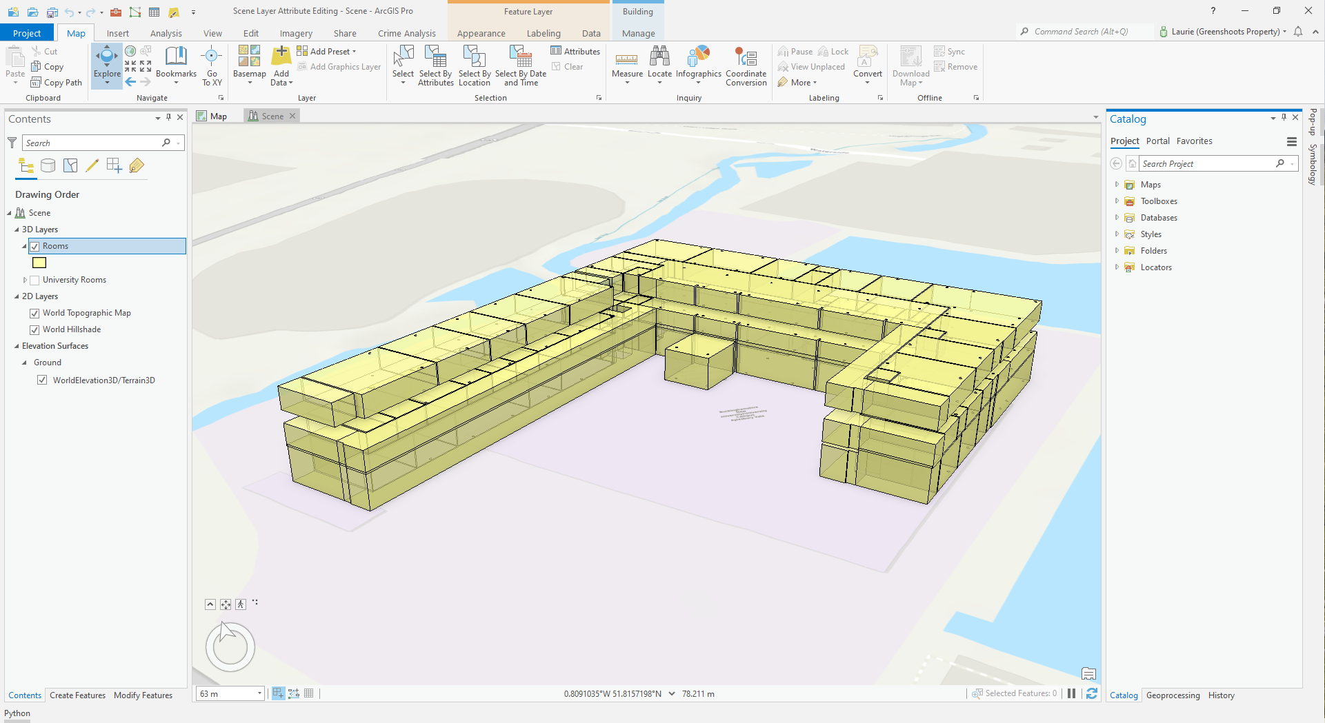 ArcGIS Pro Scene showing room spaces in a building.