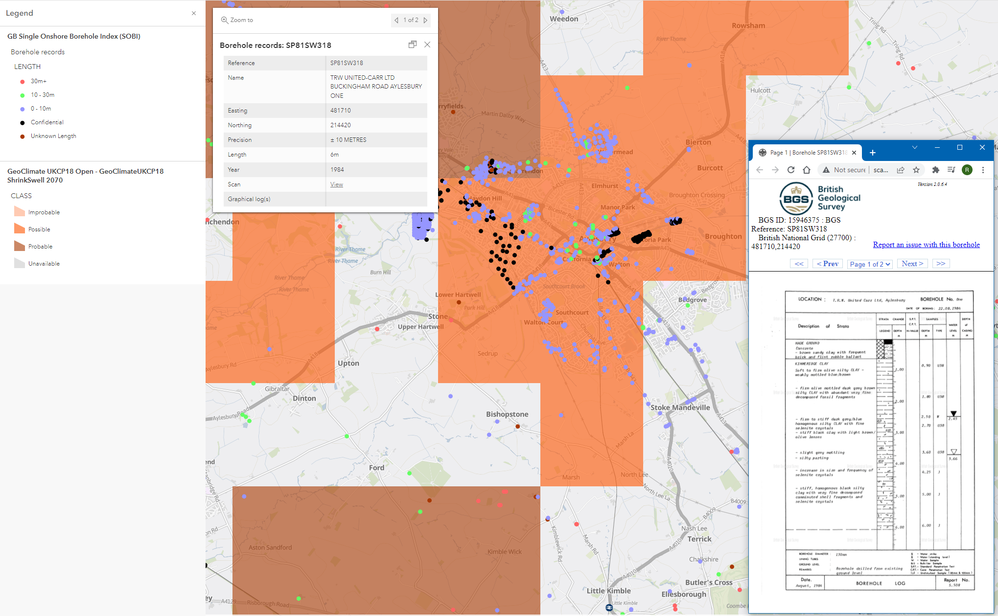 The new subsidence data with BGS borehole data on a map