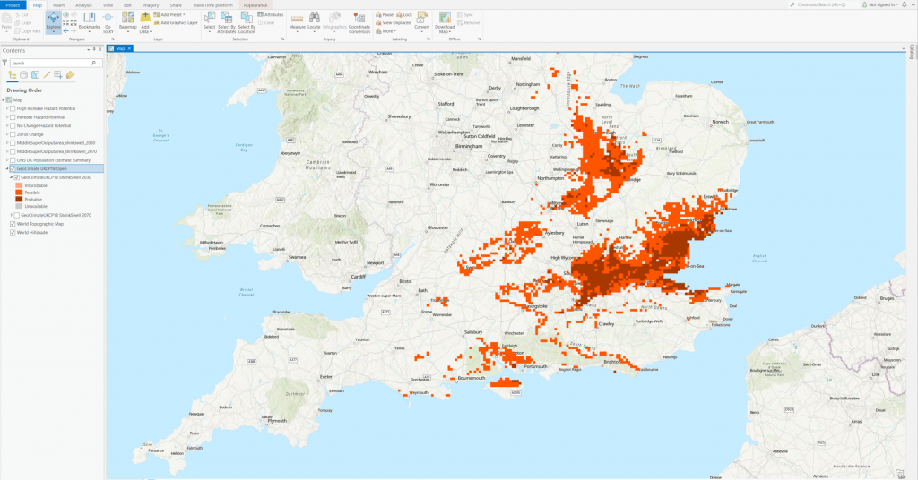 A filtered view of the subsidence data on a map