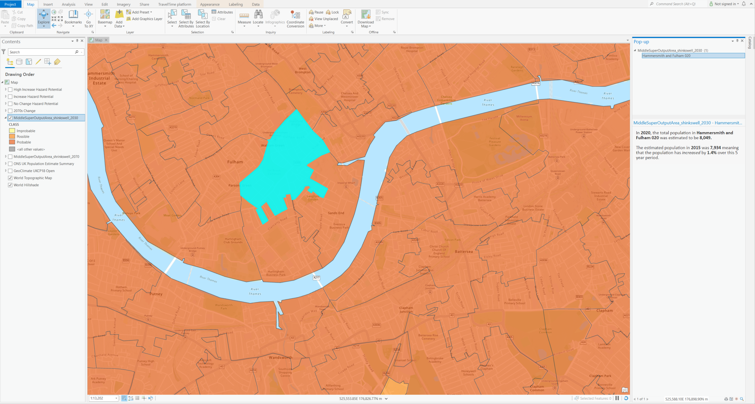 Map showing the subsidence data joined to the ONS population estimate data