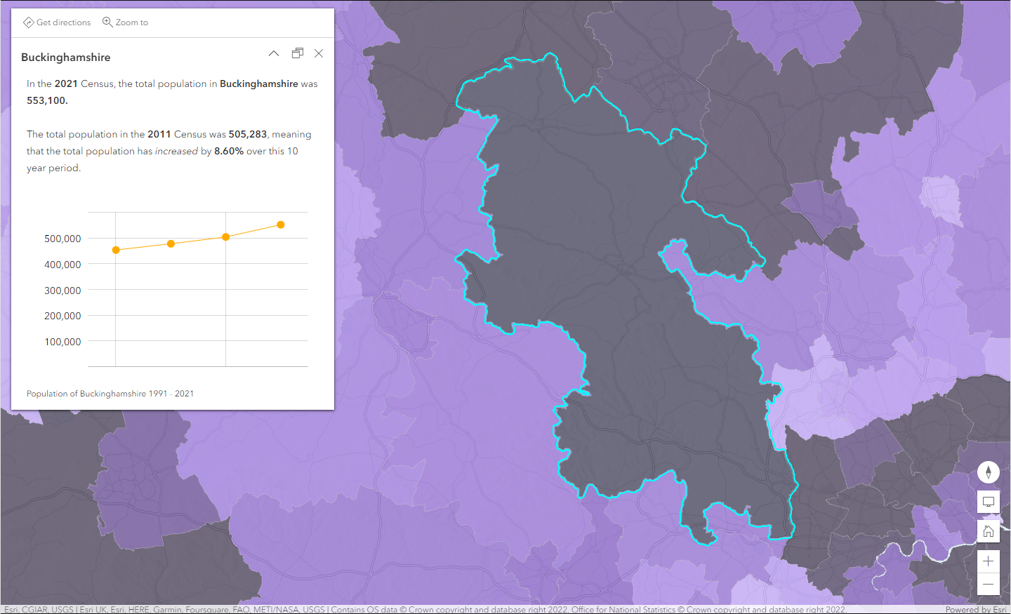 A graph within a pop up in ArcGIS Online, showing population of Buckinghamshire over time.