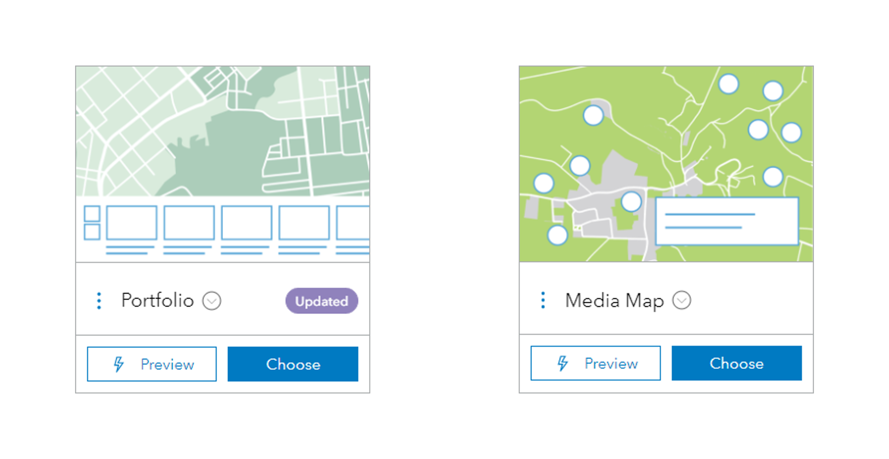 The two Instant App templates that include a printing widget, portfolio and media map.