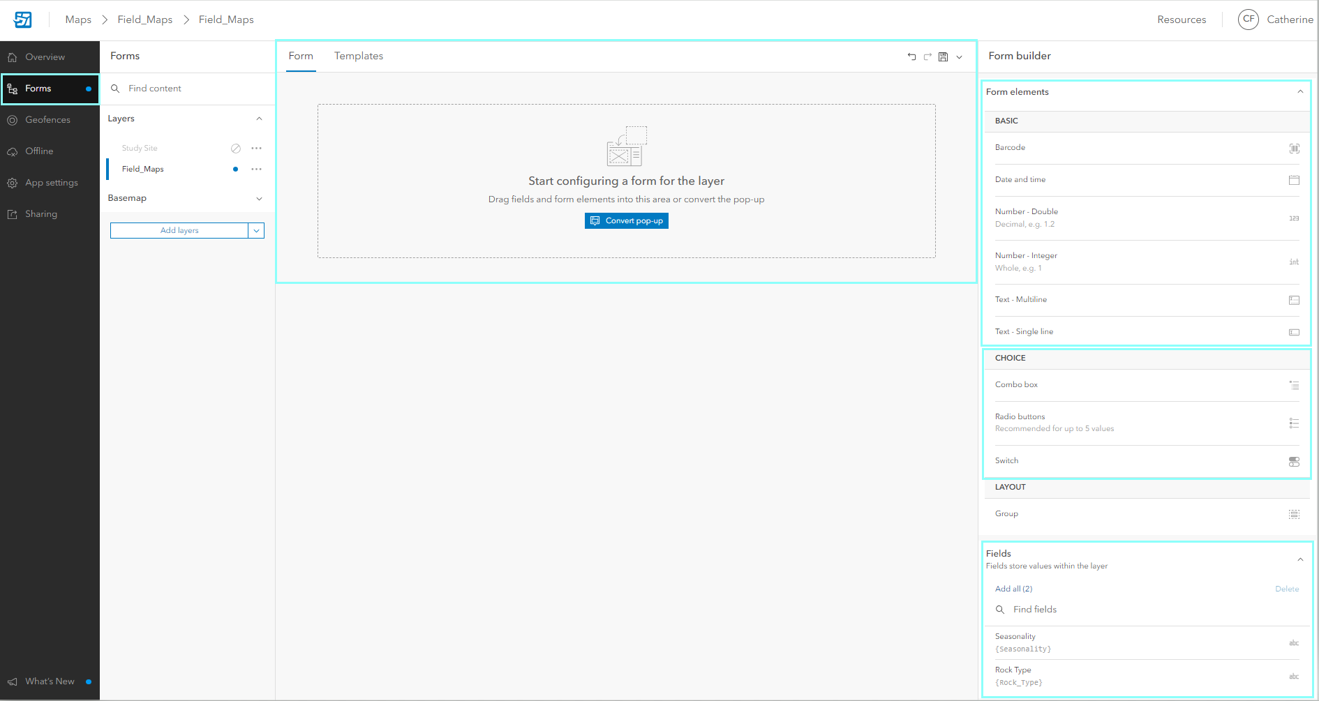 Screenshot of Field Maps Designer creating a form