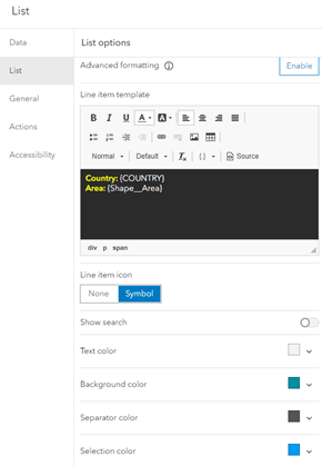 Advanced settings interface to directly format text elements.