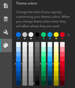 Theme colours in ArcGIS Experience builder. Spectrum includes different shades of Red, yellow, blue, green , black, grey and white. 