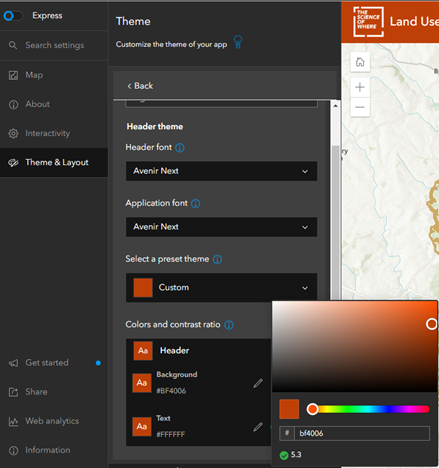 Font customisation options in ArcGIS Instant Apps within the Theme tab.