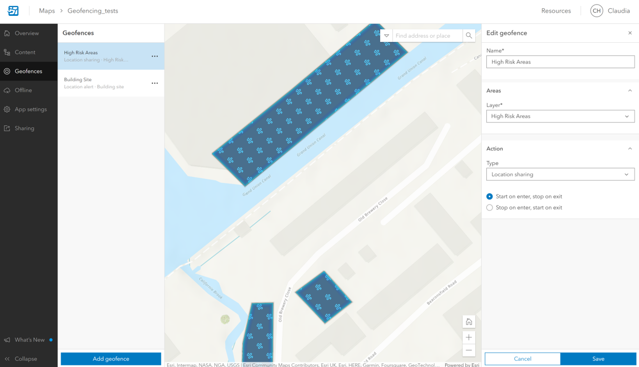 A screenshot of the Geofence panel in ArcGIS Field Maps configuring the Location Sharing geofence option