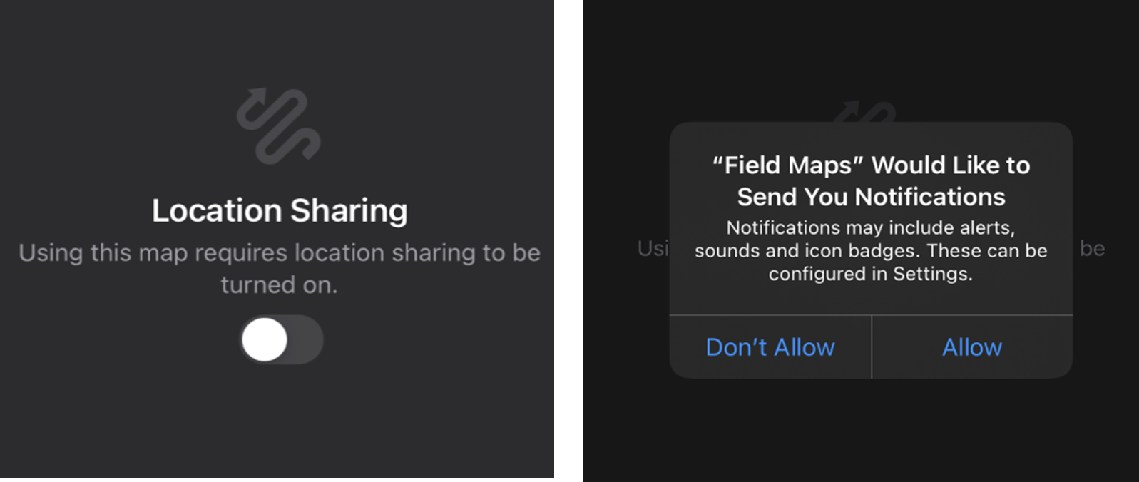 A screenshot of the notifications that will appear on the users mobile once they open the application. It will ask them to share their device location and to allow ArcGIS FIeld Maps to send notifications