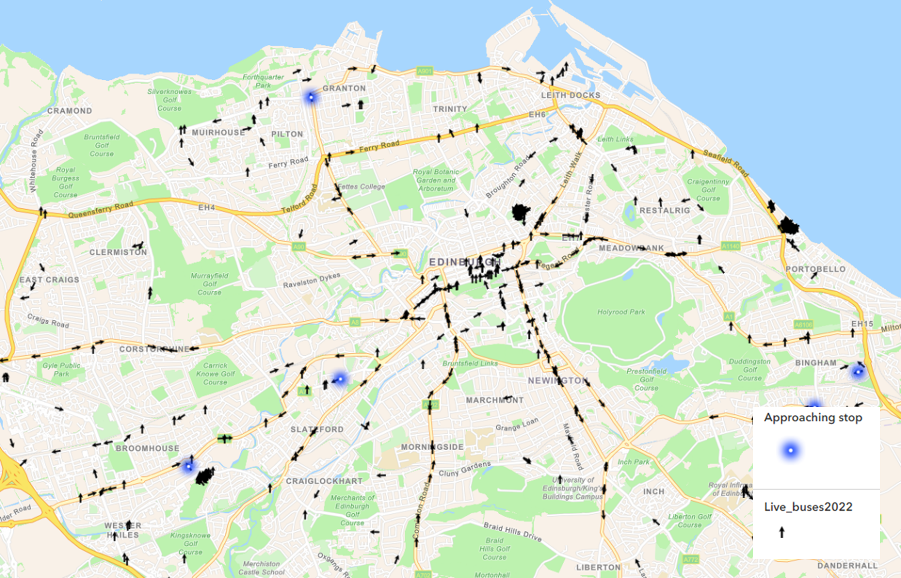 A screenshot showing the output of the Velocity Analytic. All buses are symbolised by an arrow in the direction of their heading. Any buses approaching their stops are symbolised with a blue firefly