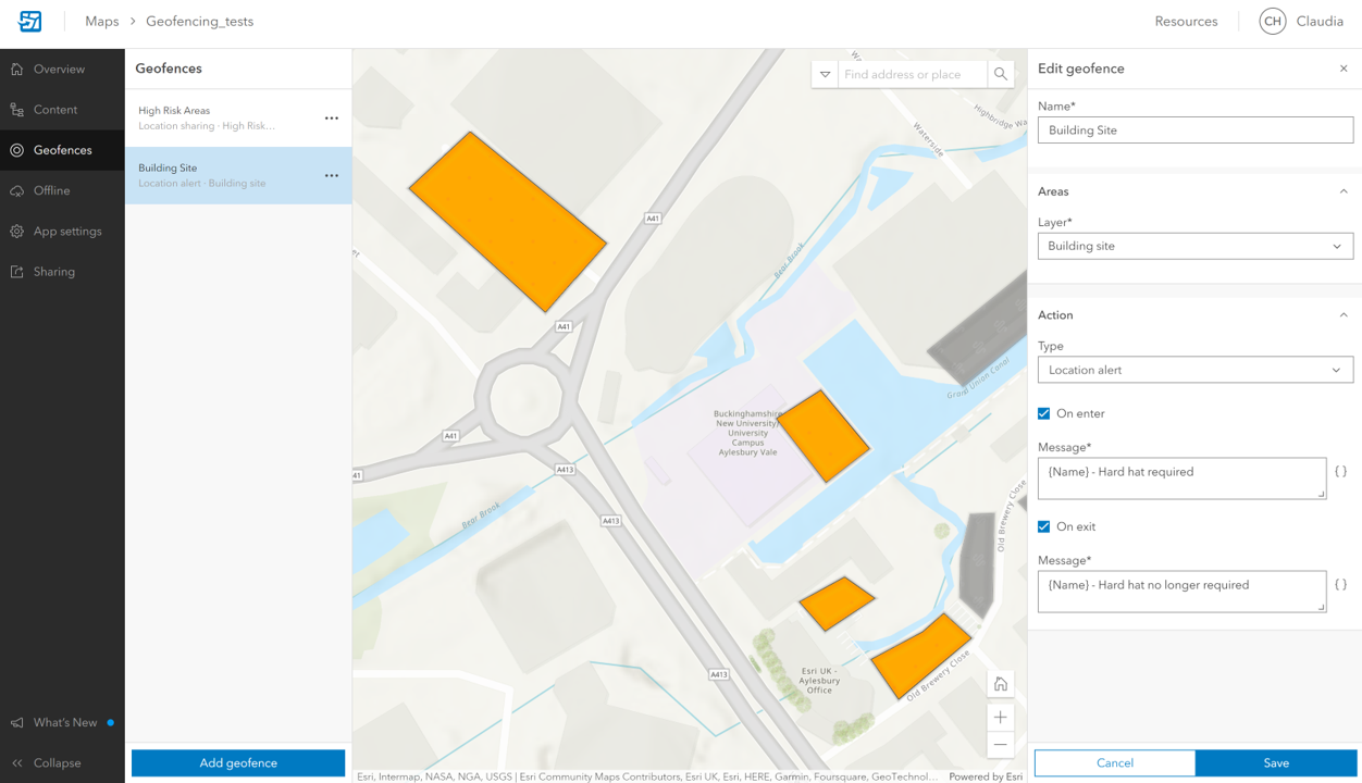 A screenshot of the Geofence panel within the ArcGIS Field Maps web app