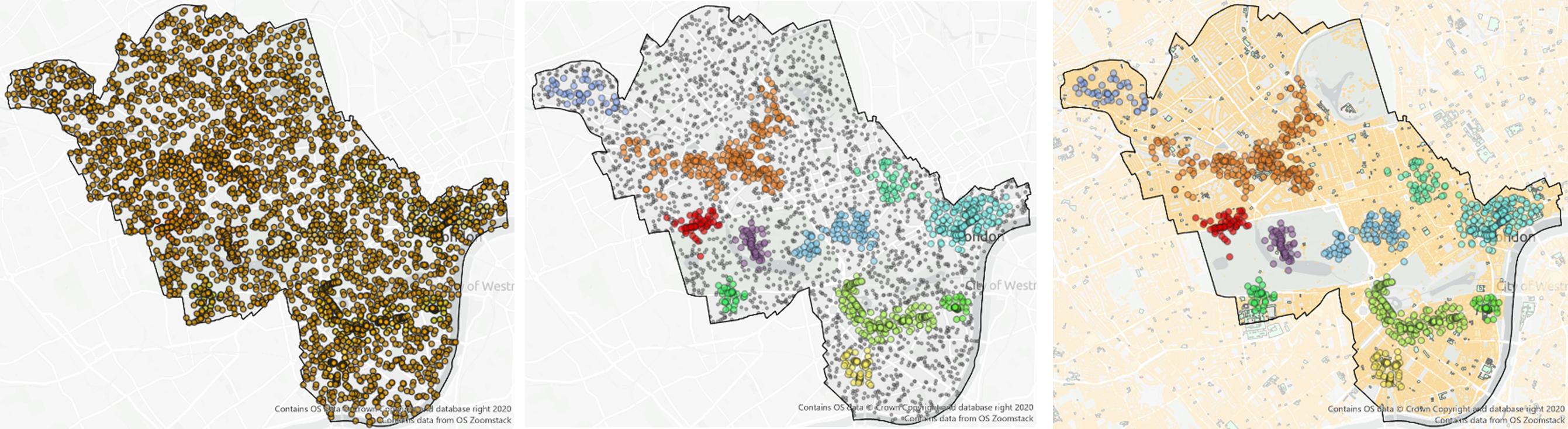 a) Dropped Calls b) Dropped Call Clusters c) Dropped Call clusters overlaid onto OS OpenMap – Local Buildings