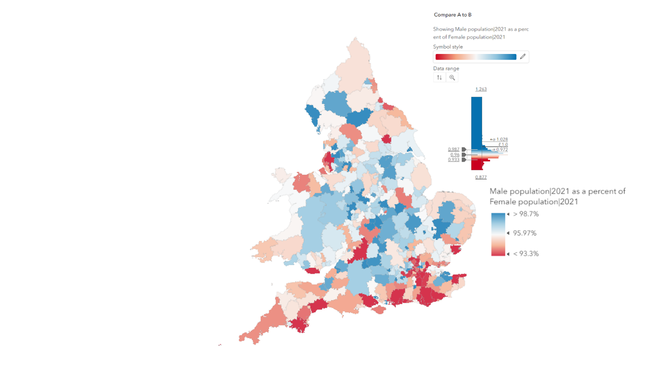 Compare A to B style map where more females of the UK population live along the coast than males. Female population marked in red, male in blue.