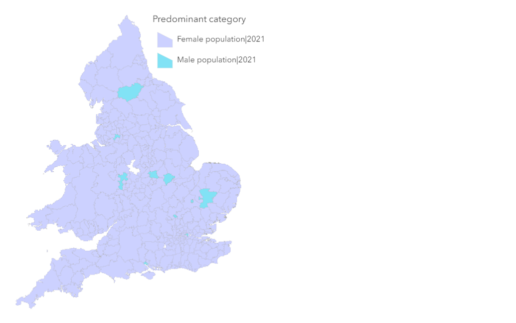 Predominant category style map of UK population by gender. Female population is in lavender and overtakes the majority of the UK boundaries, with only a small amount of blue (male population) scattered throughout.
