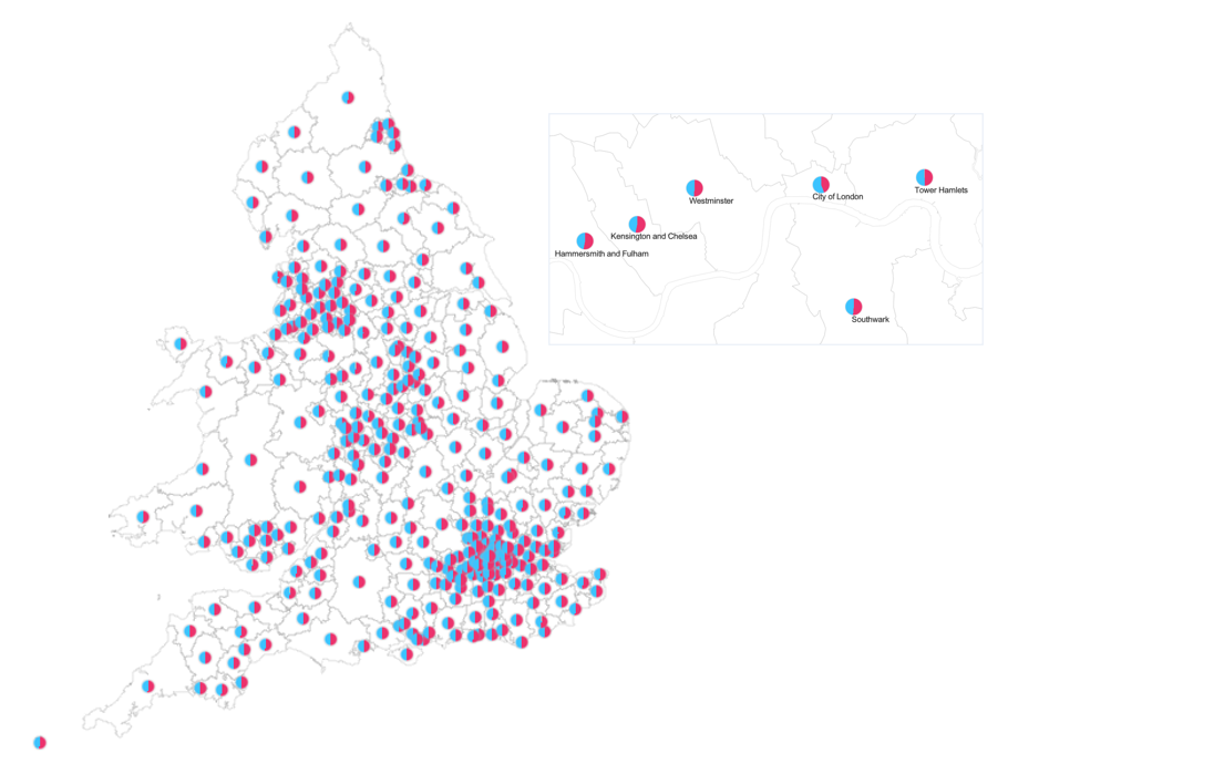 The chart style option applied to the UK's census population data by gender. High amounts of charts showing gender splits in populated areas such as London. Inset zoomed into the City of London and surrounding towns where gender is split almost in half.