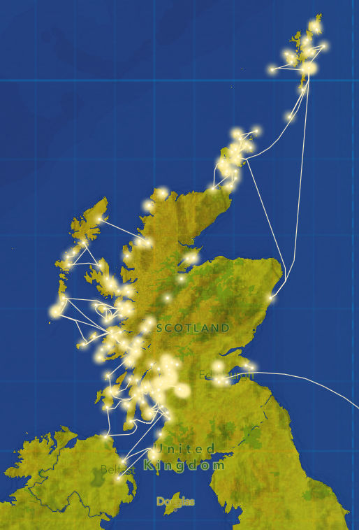 deep blue basemap, glowing blue gridlines and yellow ferry routes in Scotland overlaid.