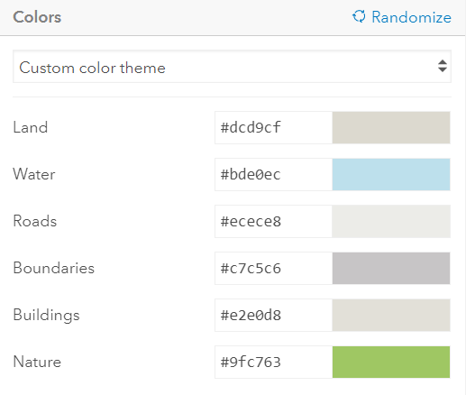 generic hex code colours for the world topographic basemap