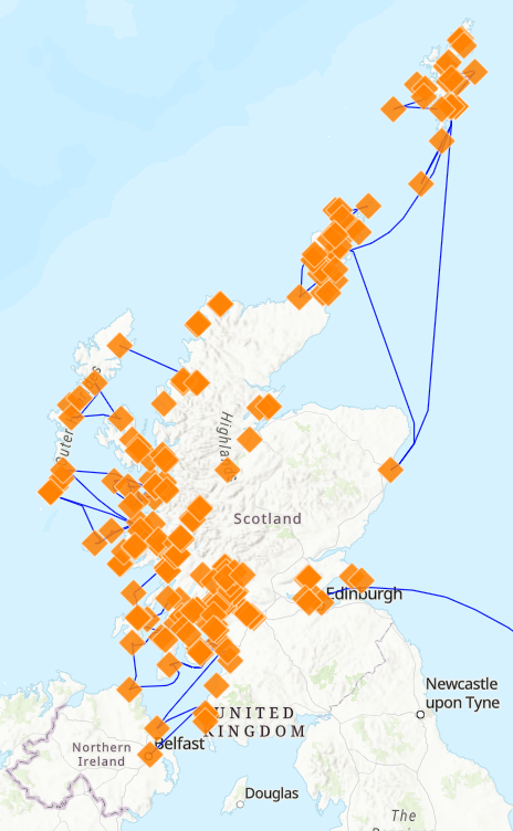 world topographic basemap with ferry ports and ferry routes in scotland. generic vector symbols