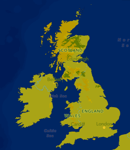 A map of scotland with a dark blue basemap