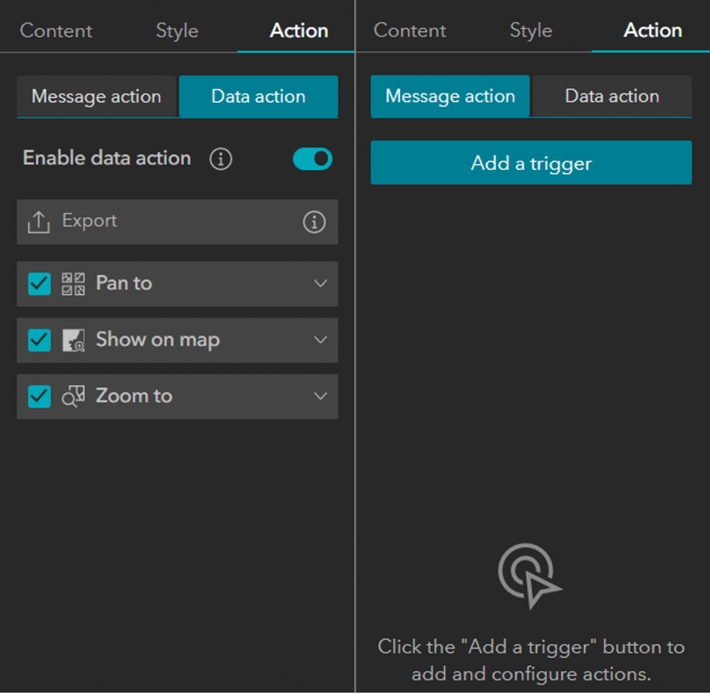 Action tab screen display. Buttons for Message and Data actions to add triggers.