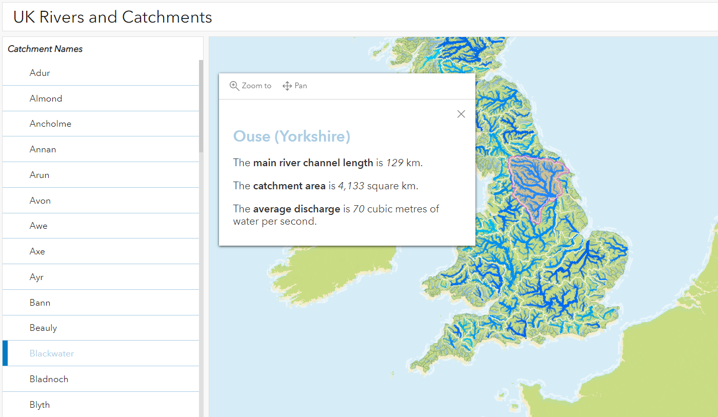 ArcGIS Dashboard of river catchments. Ouse selected with pop-up displayed