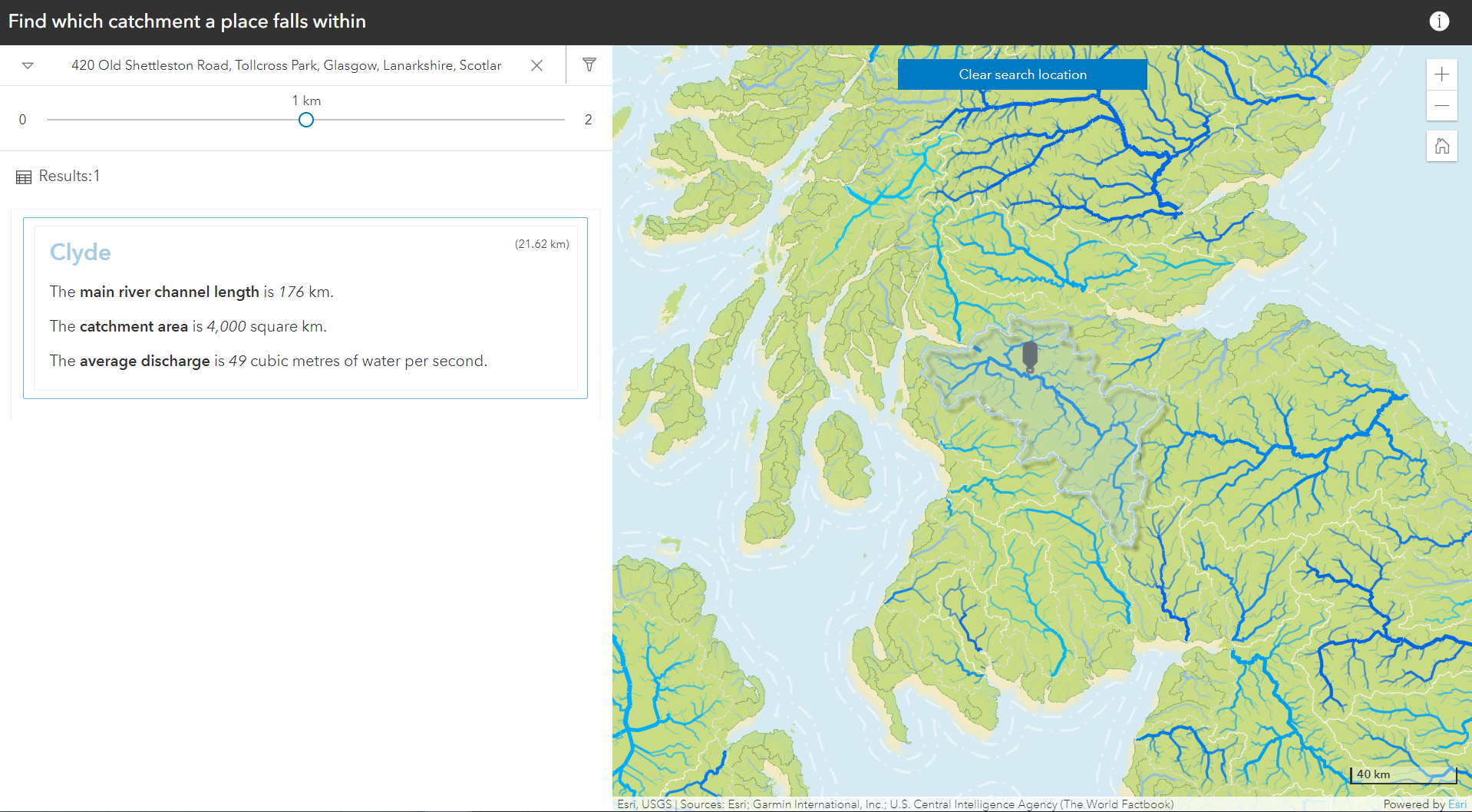 Nearby Template in Instant Apps. Left side of screen has a panel for information on the selected river. Right side shows UK rivers