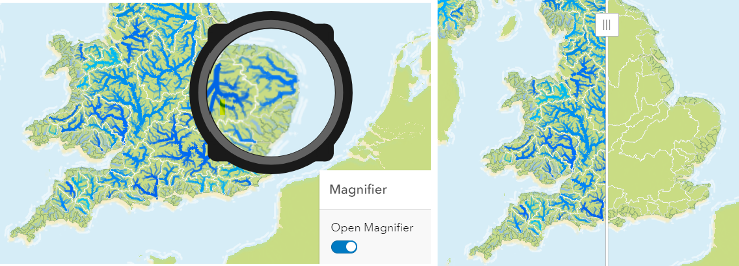 A magnifier icon focused over part of the UK. Blue lines show different river catchments. Slider icon (right). 