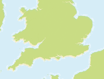 storybook effect in Map Viewer - England light green, light blue ocean and dotted white borders 
