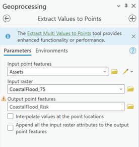 The geoprocesing pane in ArcGIS Pro, with the Extract Values to Points tool open